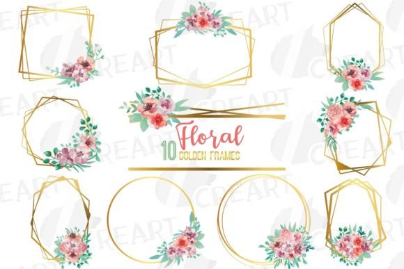 Coral Pink Floral Golden Frames & Borders Graphics