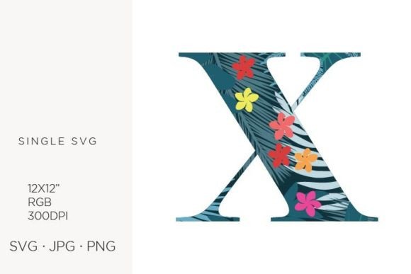 Palm Leaves and Flowers Inside Letter X: Graphics & Icons