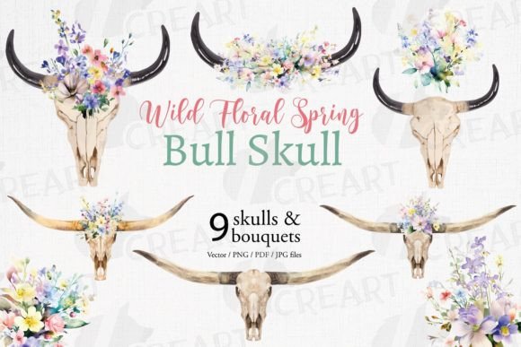Spring Flower Bouquets and Bull Skulls Graphics
