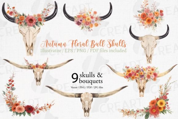 Watercolor Bull Skull & Fall Flowers Graphics
