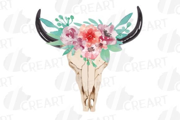 Watercolor Coral Pink Floral Bull Skull Graphics