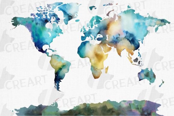 Watercolor World Map Digi: Graphics & Print Templates