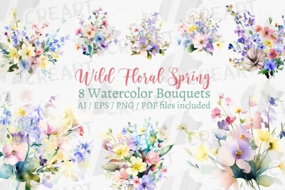 Watercolour Wild Flower Spring Bouquets Graphics